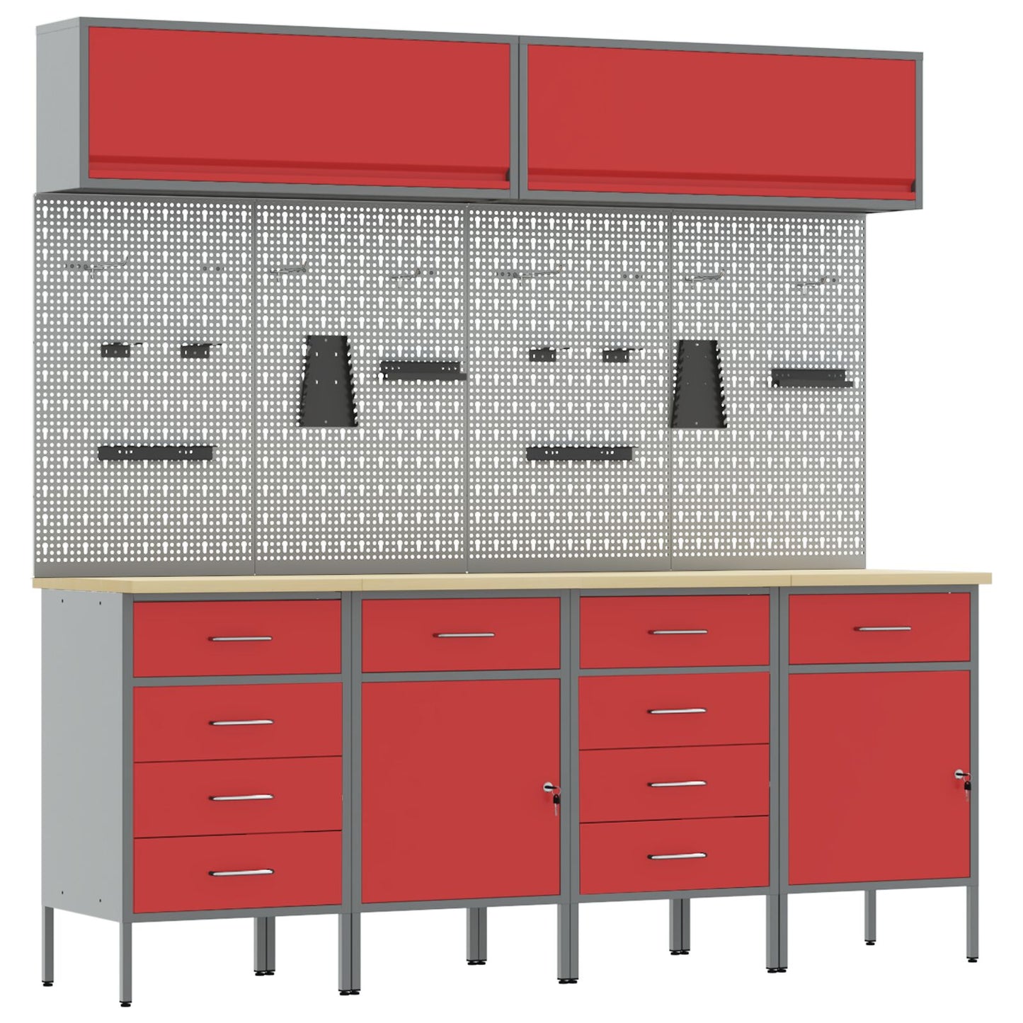 10-Delige Werkkast En Pegboard Set Mdf En Metaal 4x (2x84/2x85 cm) Rood 4x kast + 4x pegboard + 2x kast met deur