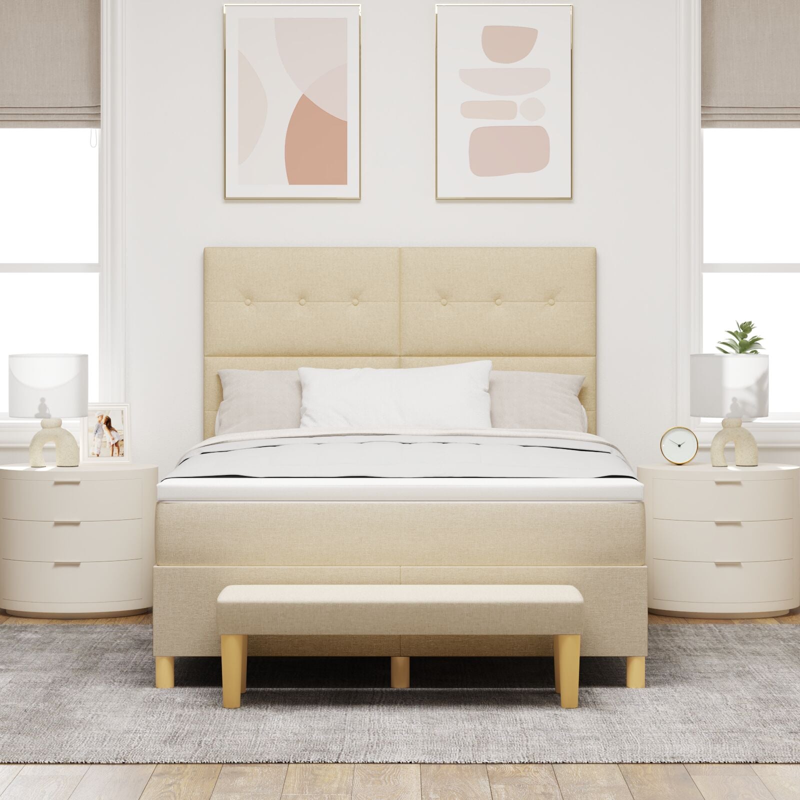 Boxspringbed Met Matras & Bank Stof Crème 160 x 200 cm Knoop-tufted