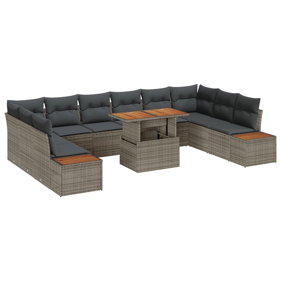 11-Delige Tuin Eettafelset Met Kussens Grijs Poly Rattan Acacia