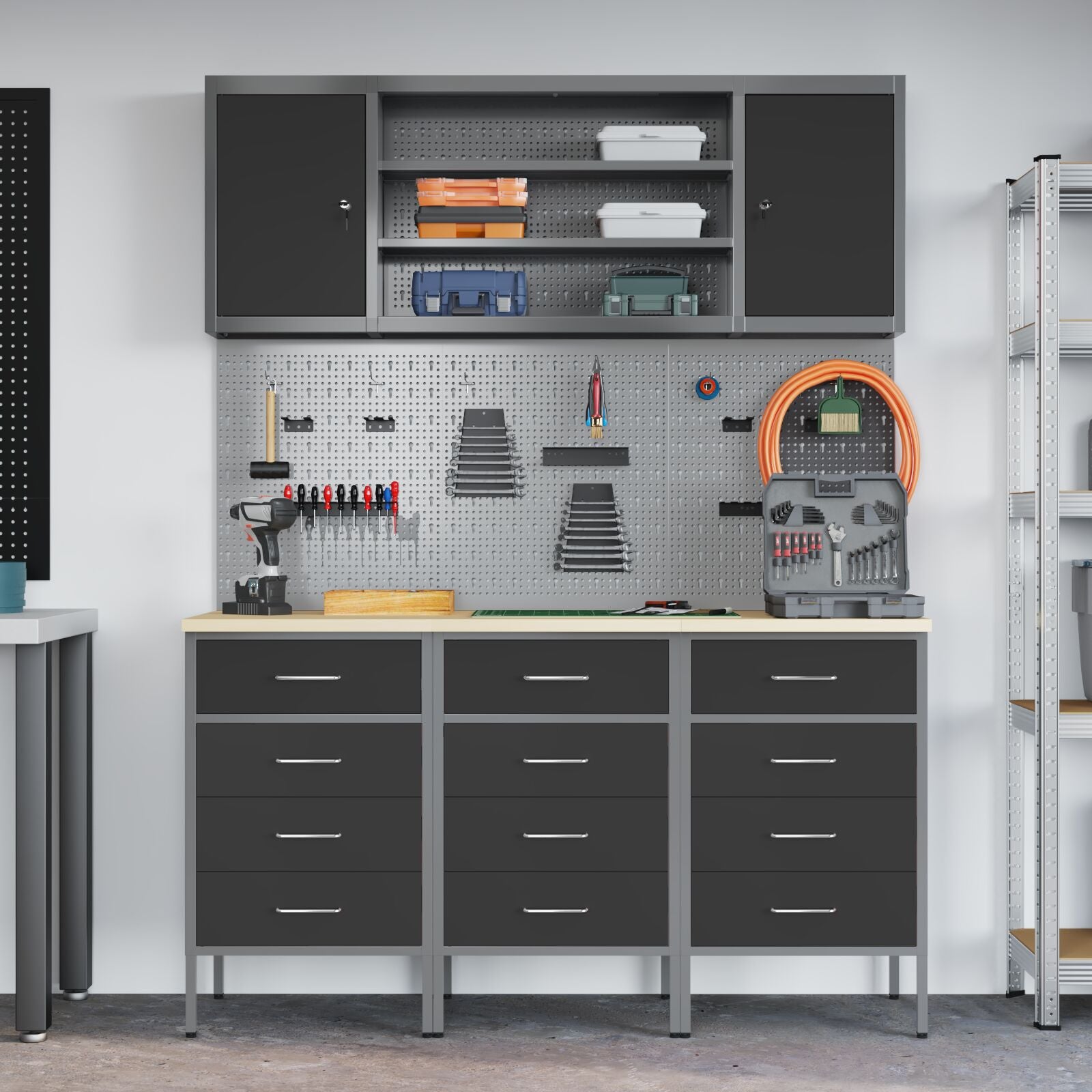 7-Delige Werkbank Set Staal 3x (85 cm) Zwart 4x kast + 4x pegboard