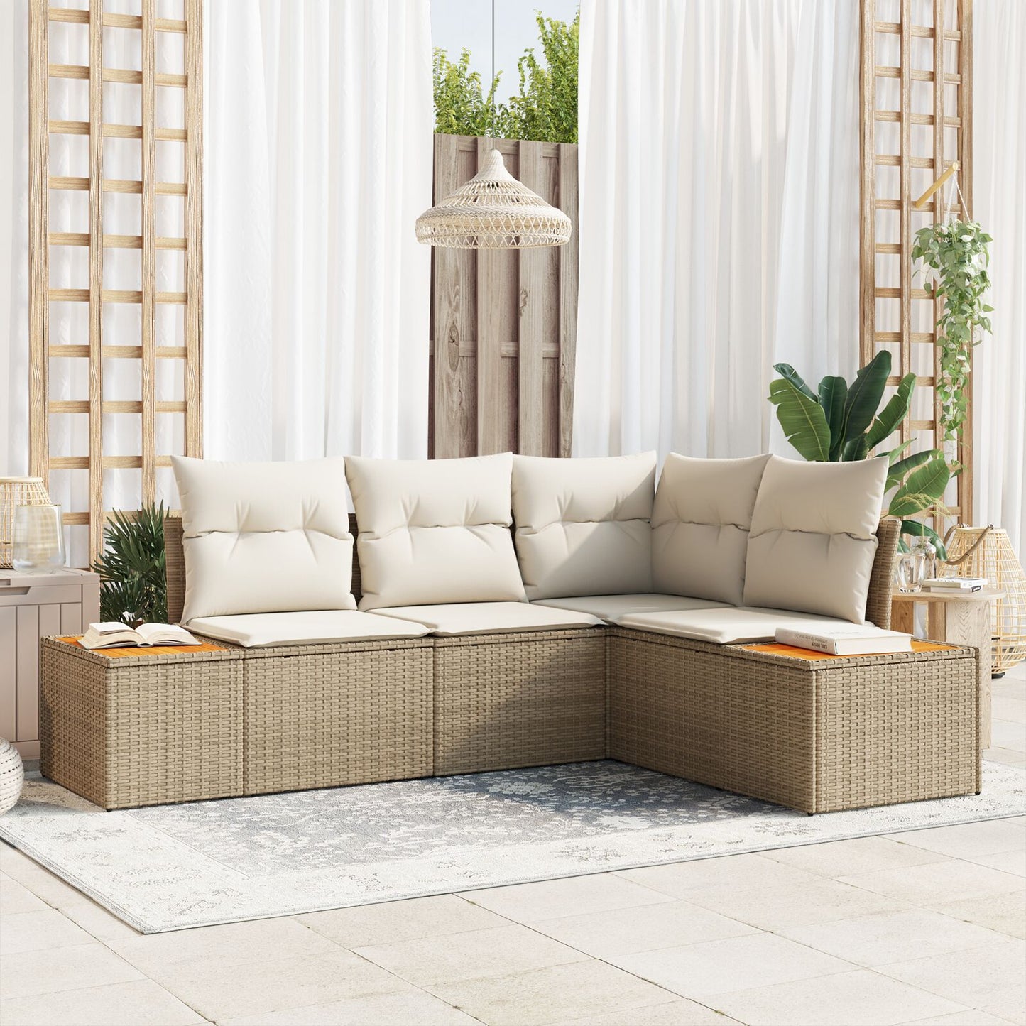 4-Delige Tuinbankset Met Kussens Beige Poly Rattan Acacia