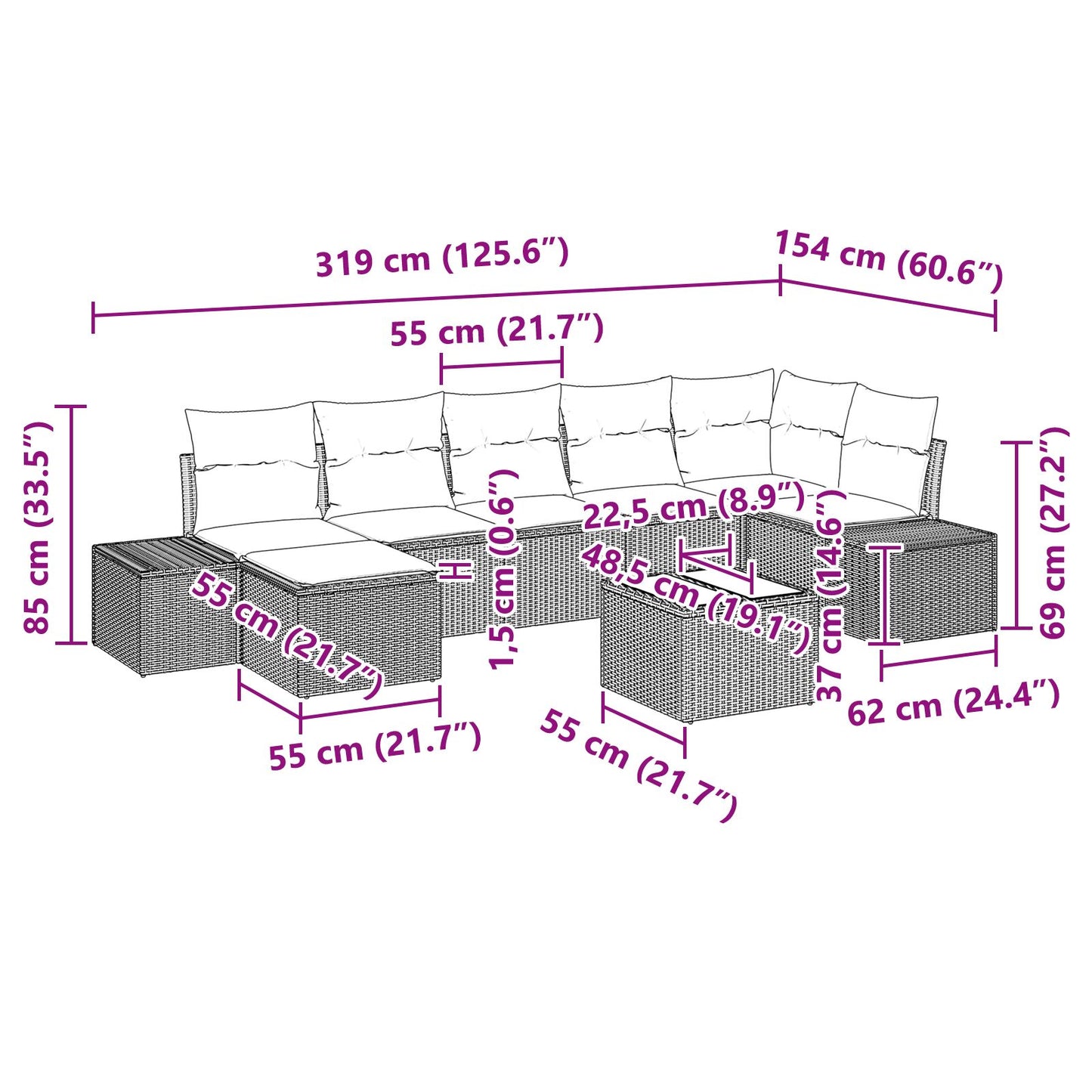 Tuinbank Set Set Van 8 Zwart Rattan, Polyester, Staal