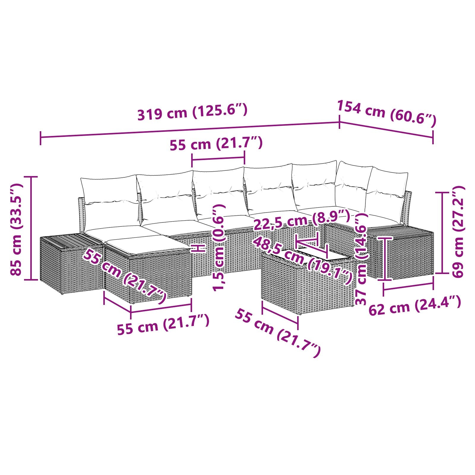 Tuinbank Set Set Van 8 Zwart Rattan, Polyester, Staal