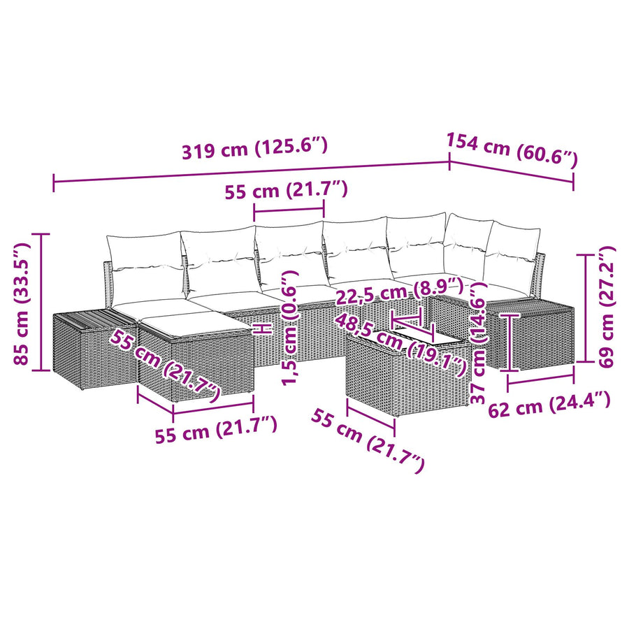 Tuinbank Set Set Van 8 Zwart Rattan, Polyester, Staal