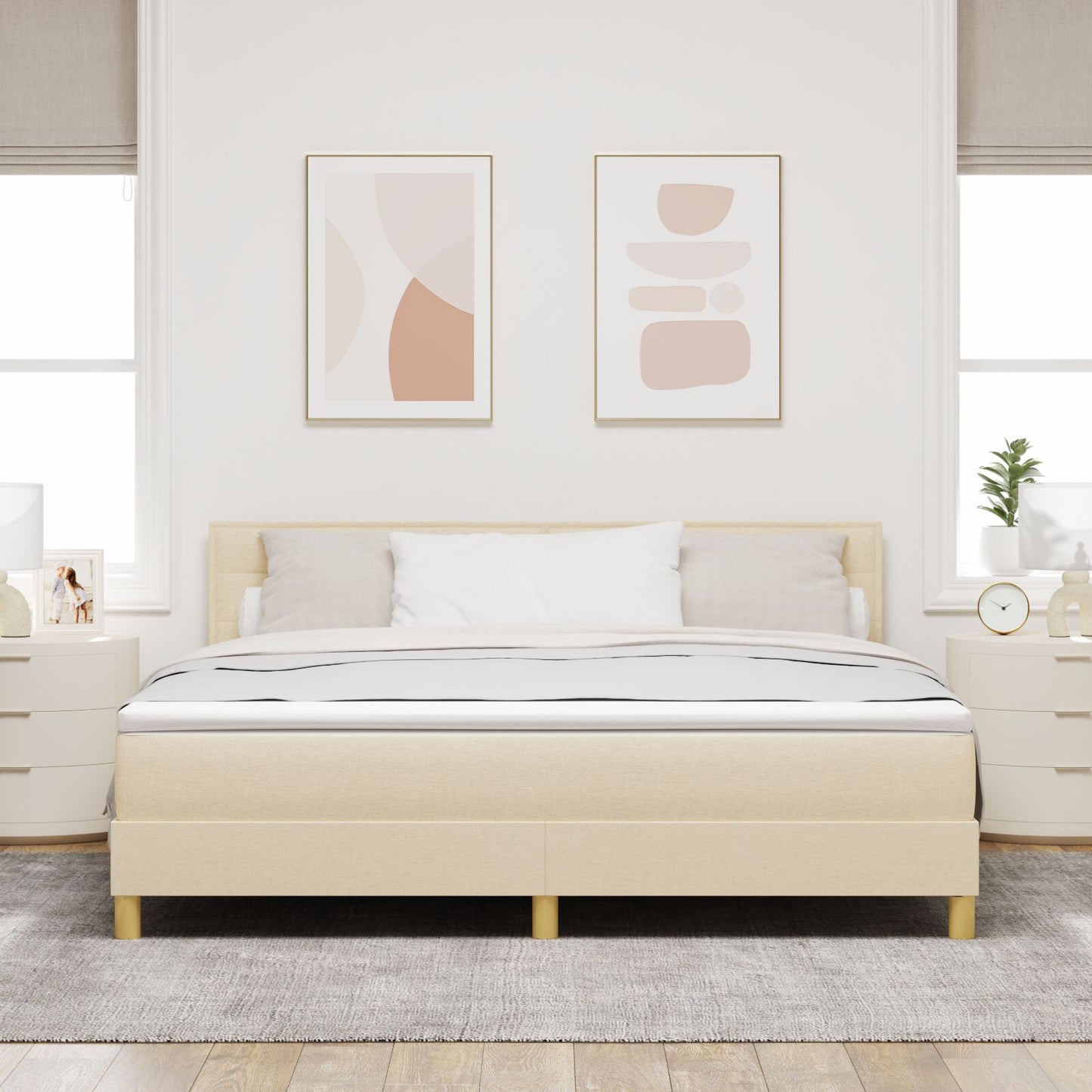 Boxspring Bed Met Matras Stof Crème 180 x 200 cm Lijnen ontwerp