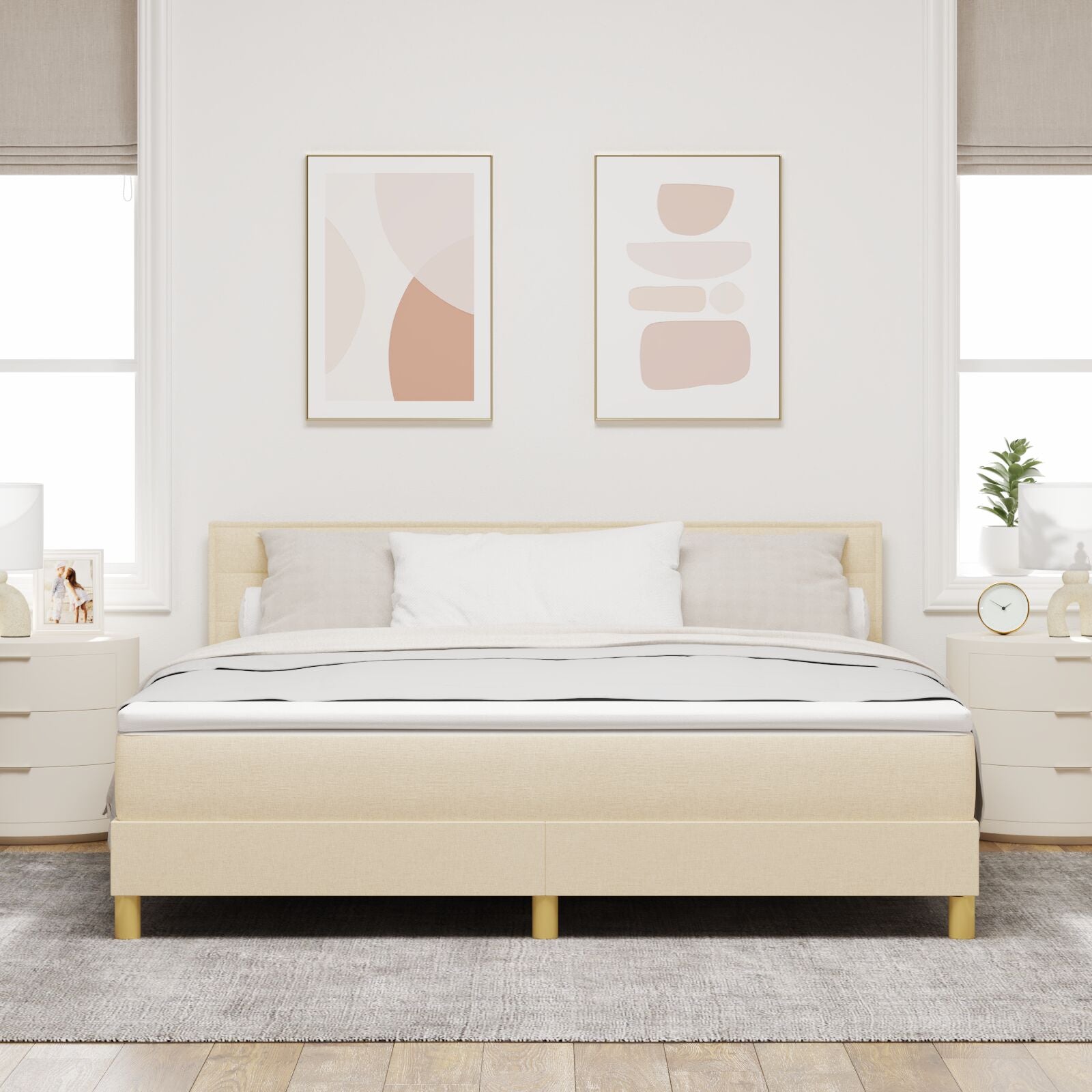 Boxspring Bed Met Matras Stof Crème 180 x 200 cm Lijnen ontwerp