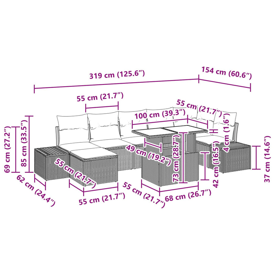 Tuinbank Set Set Van 8 Bruin, Beige Poly Rattan, Gehard Glas