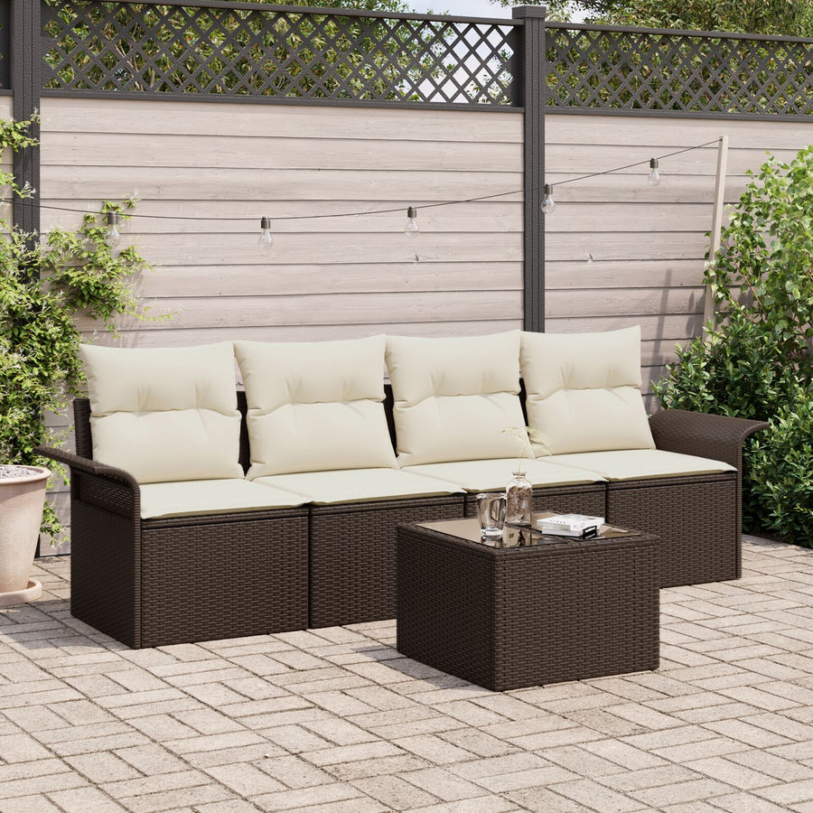 5-Delige Tuin Sofa Set Met Kussens Bruin Poly Rattan