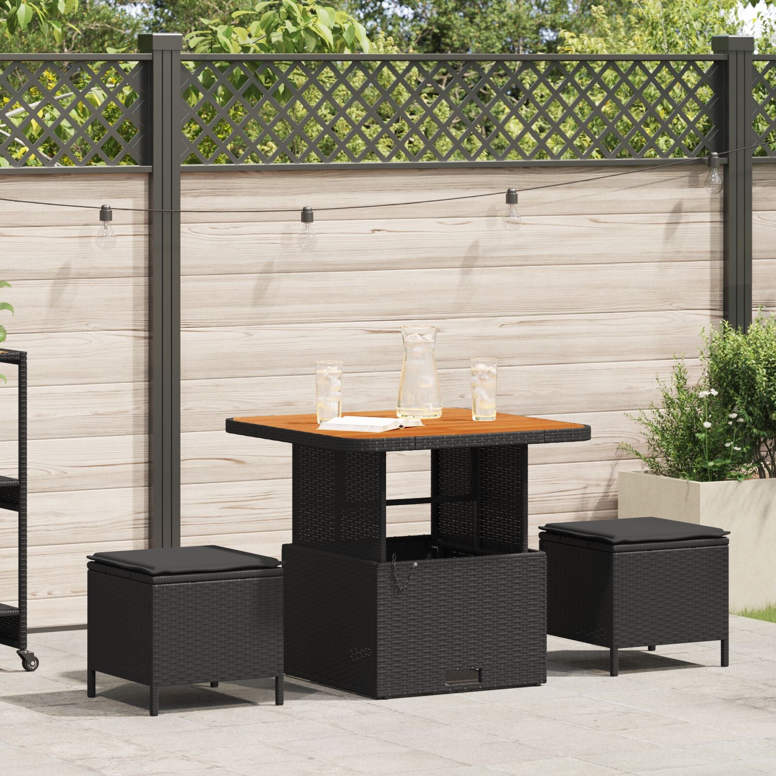 3-Delig Tuin Eetset Met Kussens Poly Rattan Acaciahout 80 cm Zwart 2 krukken