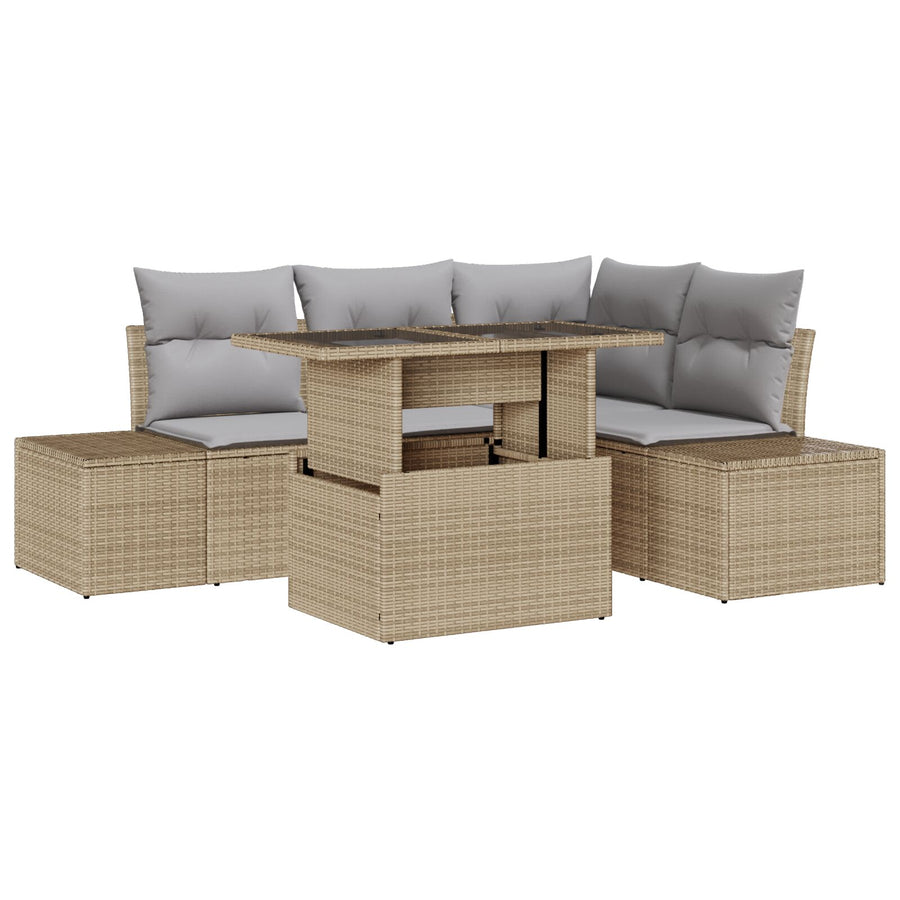 Tuin Sofa Set Set Van 5 Beige, Grijs Riet, Polyester