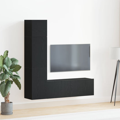 3-Delige Wandgemonteerde Tv-Kast Set Zwart Eiken Samengesteld Hout