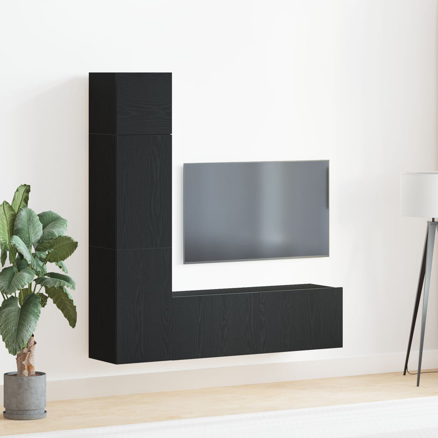 3-Delige Wandgemonteerde Tv-Kast Set Zwart Eiken Samengesteld Hout