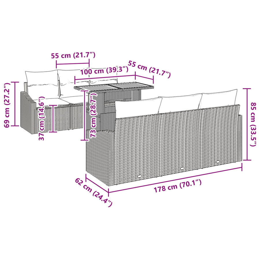 7-Delige Tuin Eetset Met Kussens Beige Poly Rattan Acacia