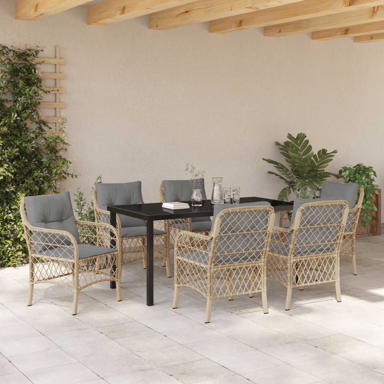 7-Delige Tuindining Set Met Kussens Beige Poly Riet