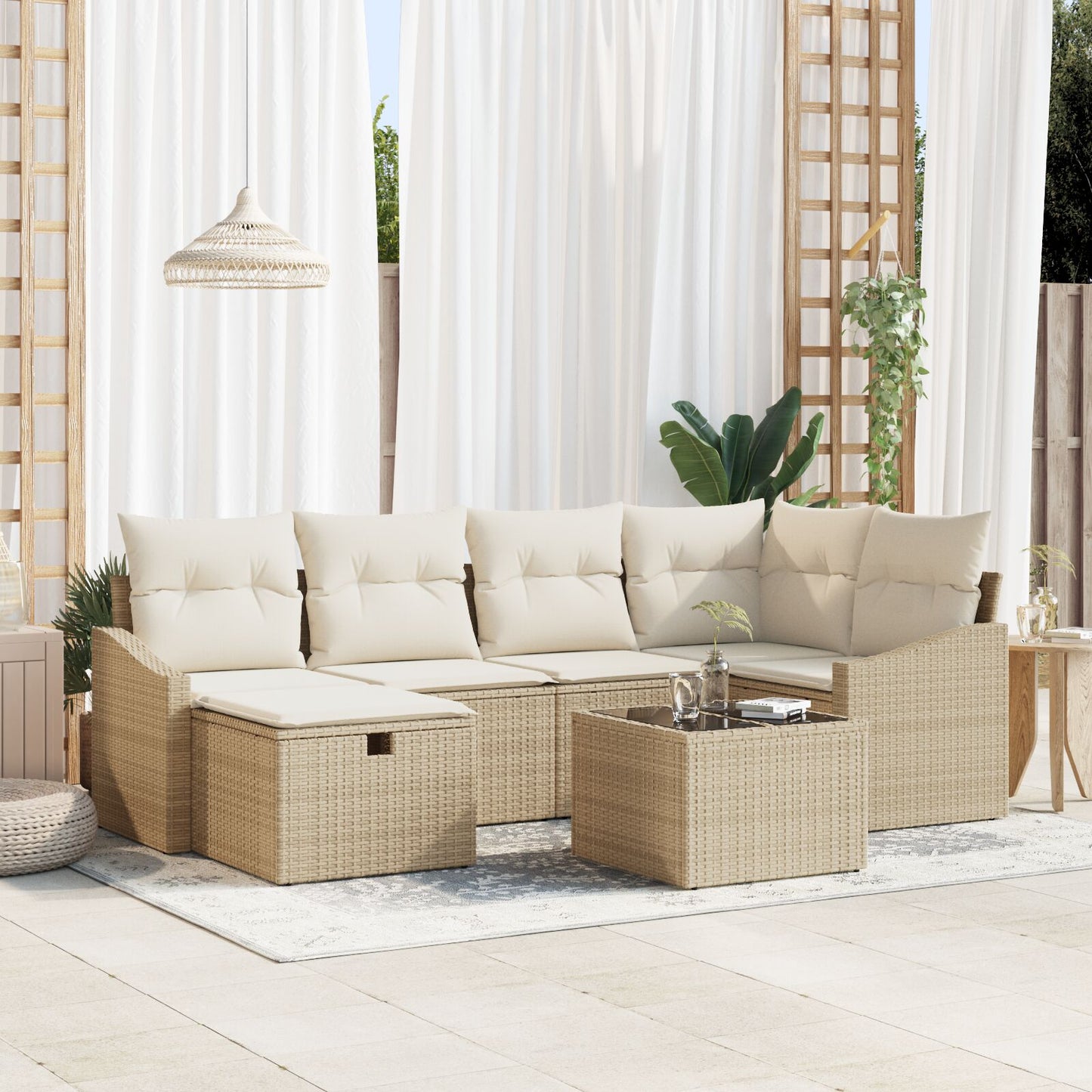 7 Stuks Tuin Sofa Set Met Kussens Beige Poly Rattan