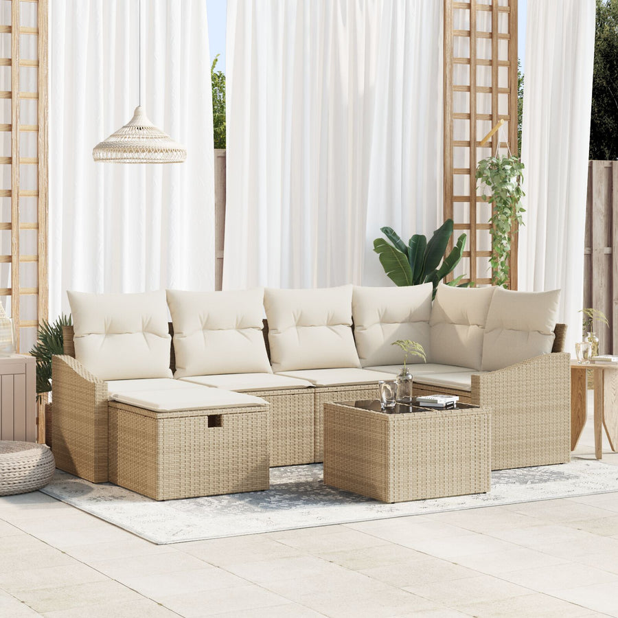 7 Stuks Tuin Sofa Set Met Kussens Beige Poly Rattan