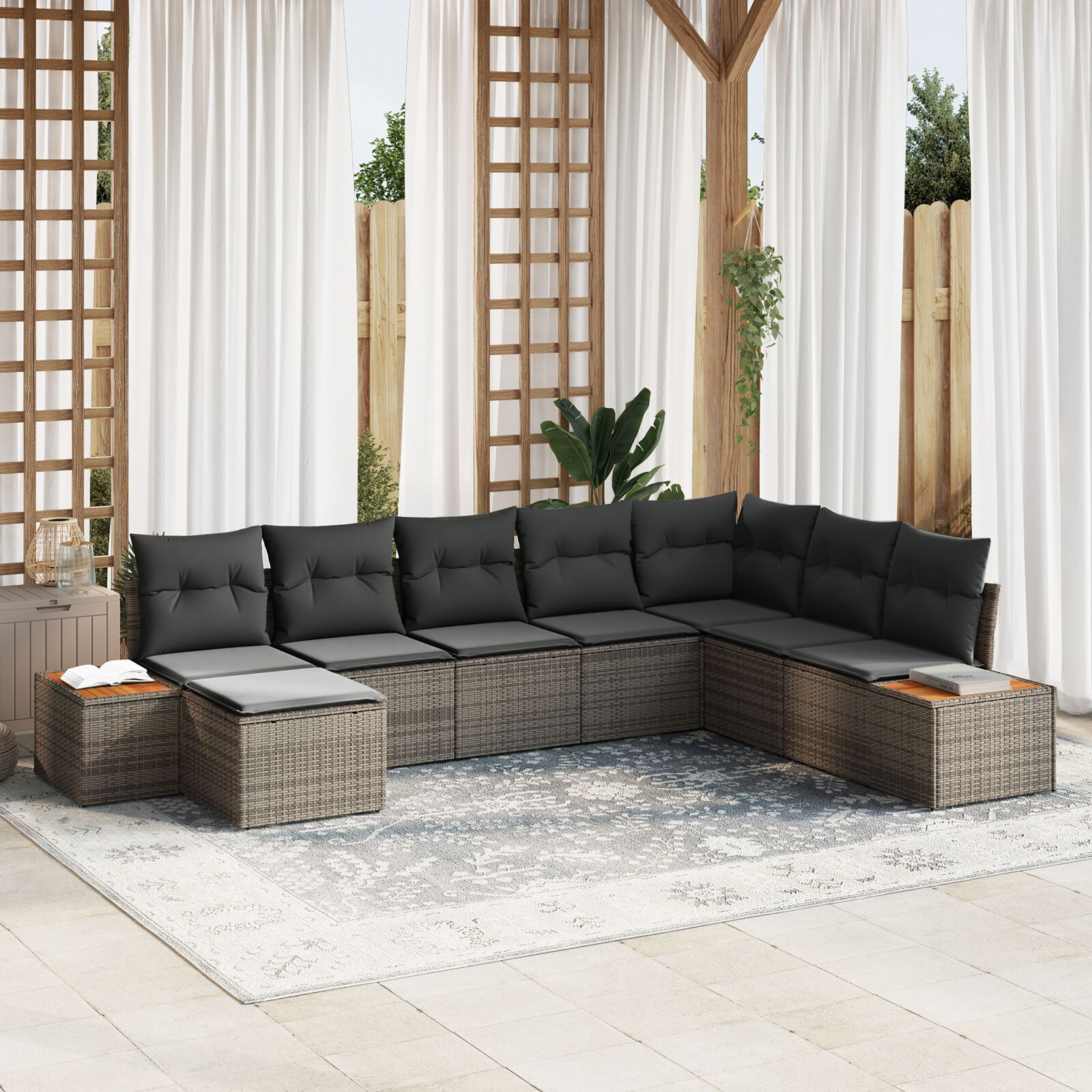 8-Delige Tuinbank Set Met Kussens Grijs Poly Rattan Acacia