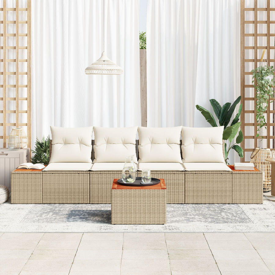 5-Delige Tuin Sofa Set Met Kussens Beige Poly Rattan Acacia