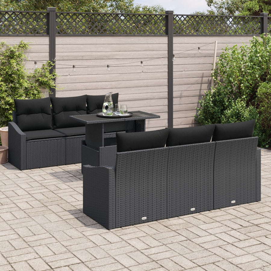 7-Delige Tuinset Met Kussens Zwart Poly Rattan