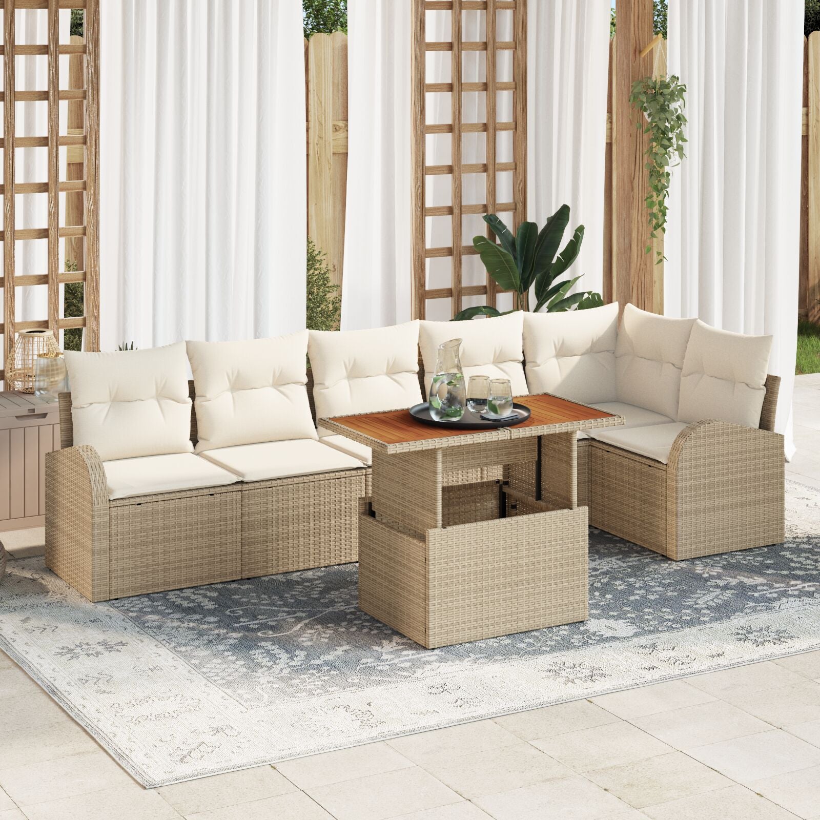 7 Delige Tuin Eetset Met Kussens Beige Poly Rattan Acacia