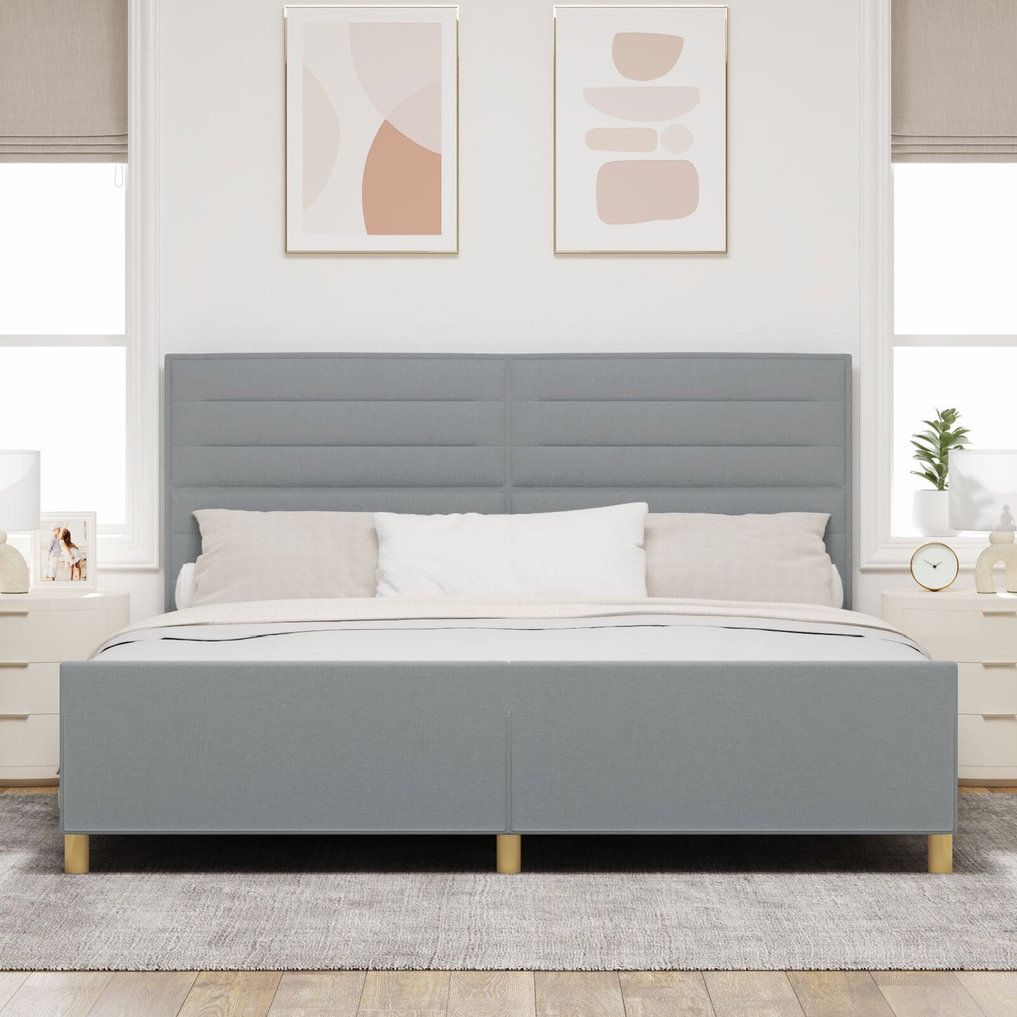 Bedframe In Licht Grijs, 200X200 Cm, Stof Crème