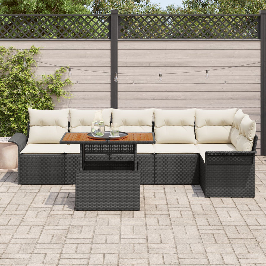 7-Delig Tuin Eetset Met Kussens Zwarte Poly Rattan Acacia
