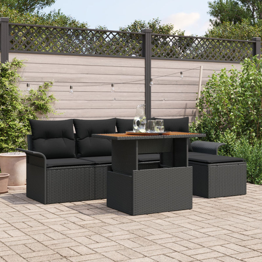 6-Delige Tuin Eetset Met Kussens Zwart Poly Rattan Acacia