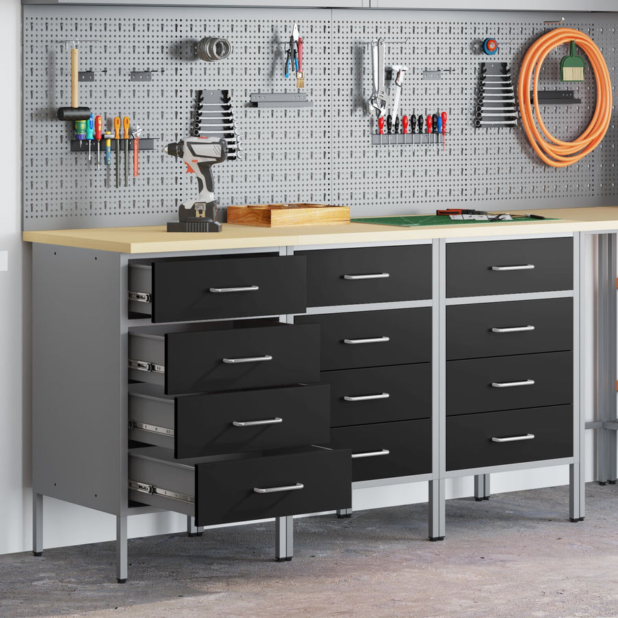 Werktafel 3-Delig En Grijs Hout En Staal 3x (85 cm) Zwart 3x kast