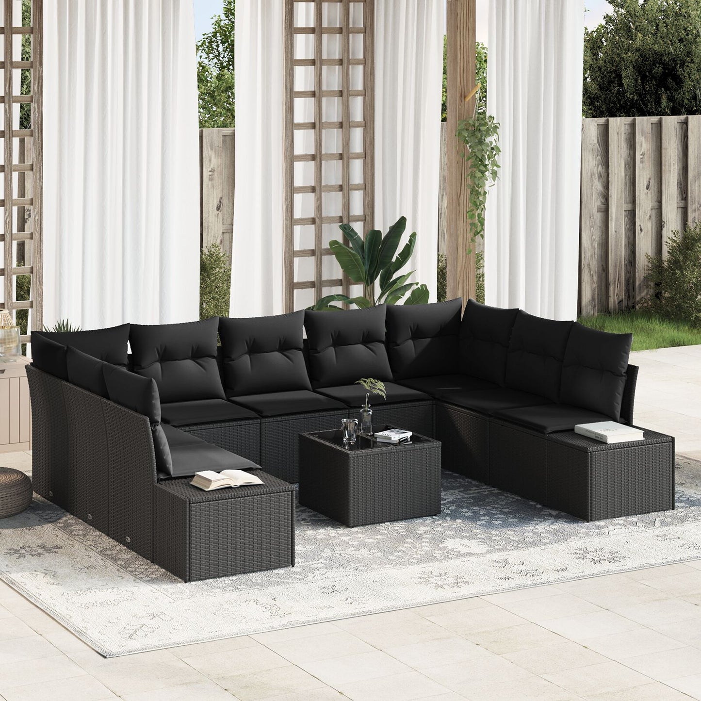 Tuinbank Set 10-Delig Riet, Polyester, Staal Buitenbank Zwart met tafel