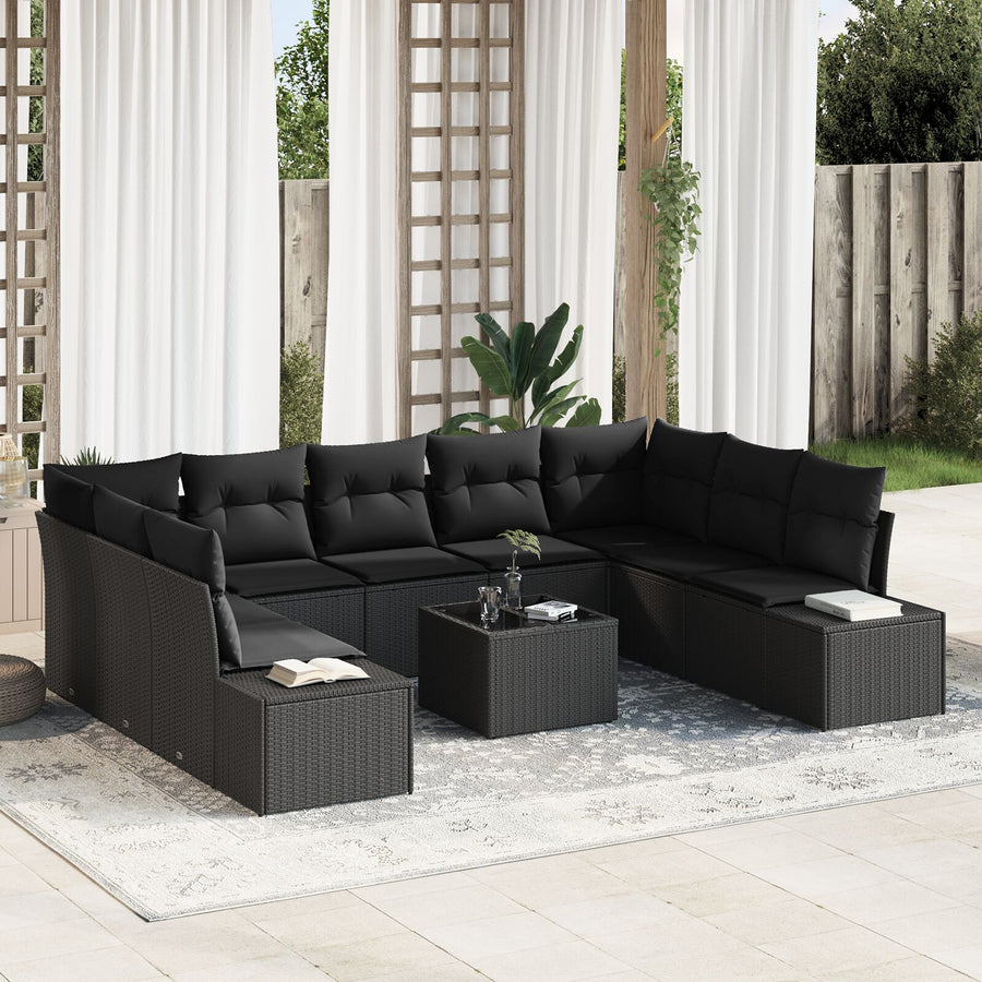 Tuinbank Set 10-Delig Riet, Polyester, Staal Buitenbank Zwart met tafel