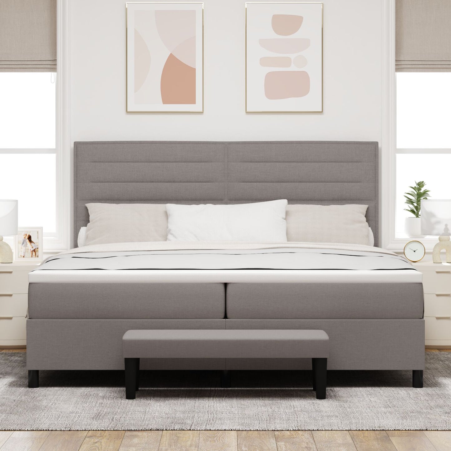 Boxspring Bed Met Matras & Bank Stof Taupe 200 x 200 cm Lijnen ontwerp