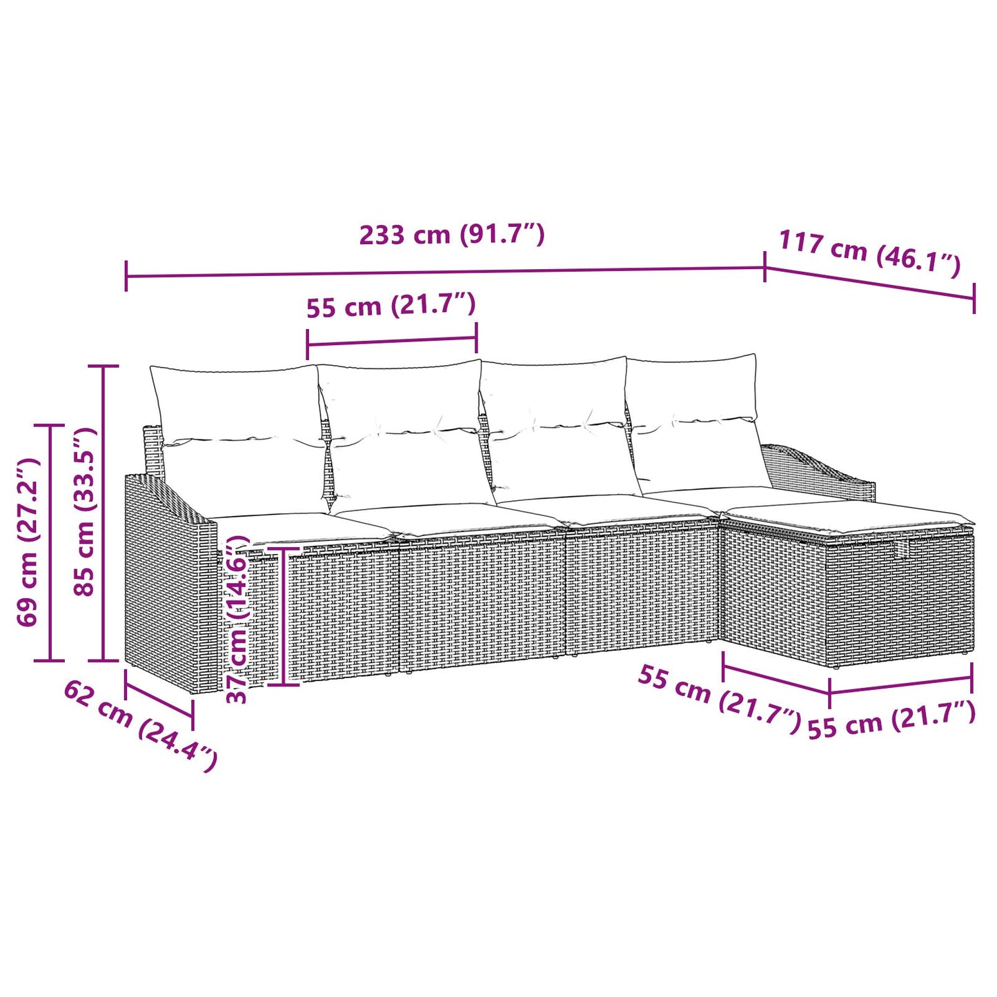 5-Delige Tuin Sofa Set Met Kussens Zwart Poly Rattan Wit