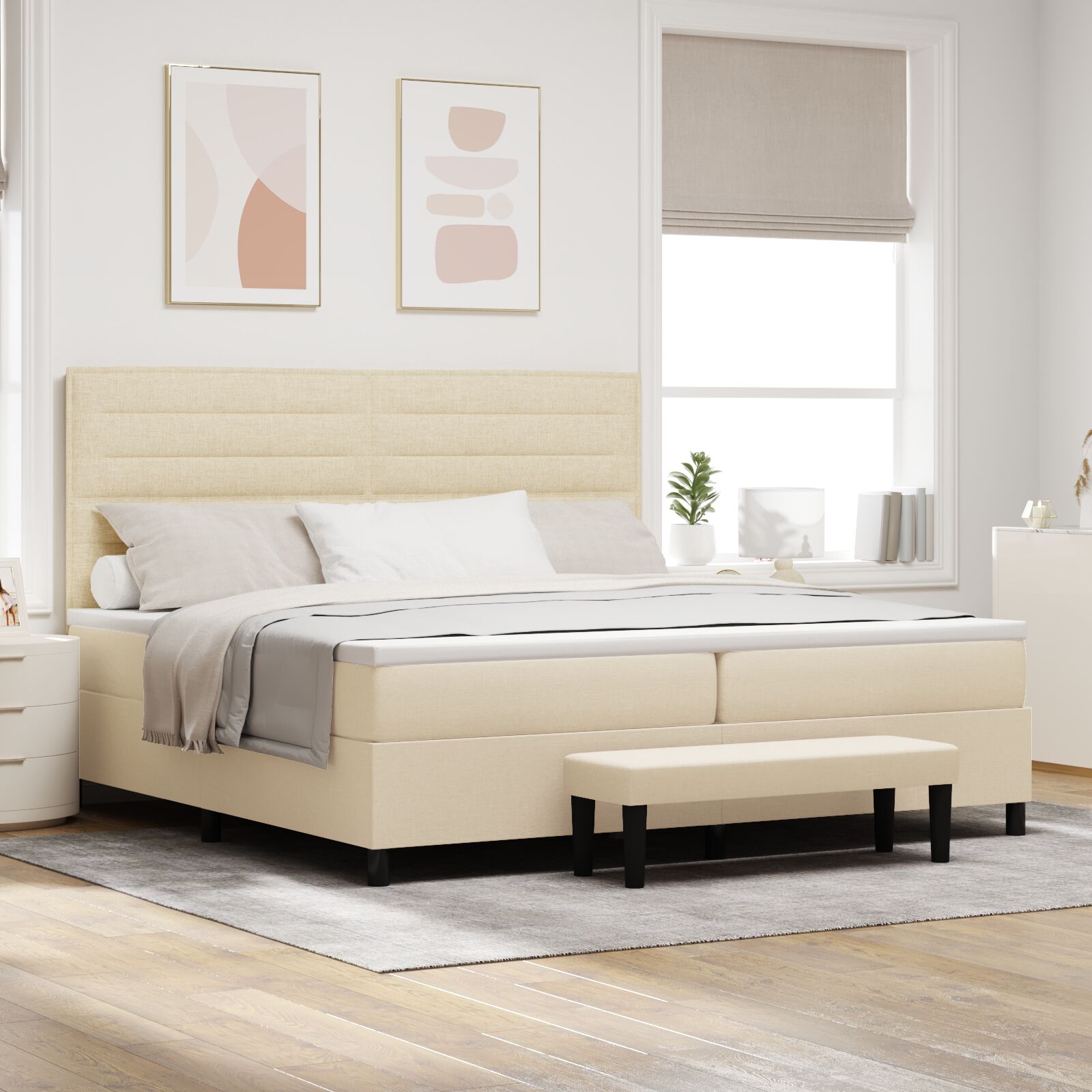 Boxspring Bed Met Matras & Bank Stof Crème 200 x 200 cm Lijnen ontwerp