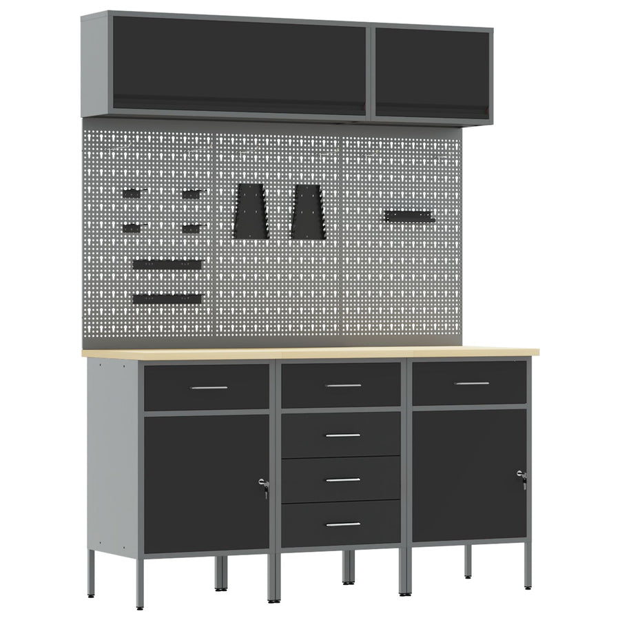 8-Delige Werkbankset Staal 3x (84/84/85 cm) Zwart 3x kast + 3x pegboard + 2x kast met deur