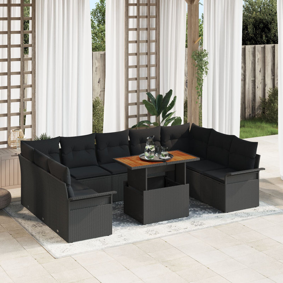 10-Delige Tuin Eetset Met Kussens Zwart Poly Rattan Acacia