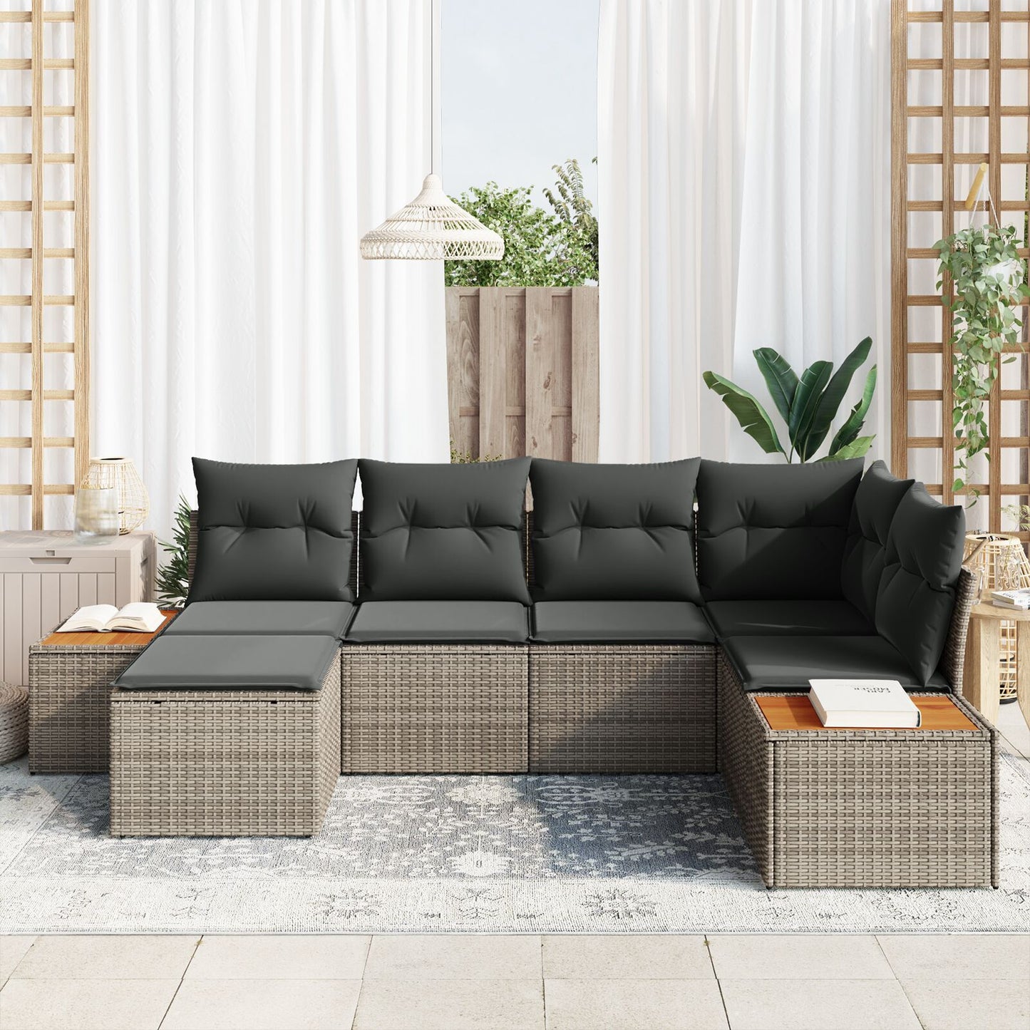 6-Delige Tuin Sofa Set Met Kussens Grijs Poly Rattan Acacia