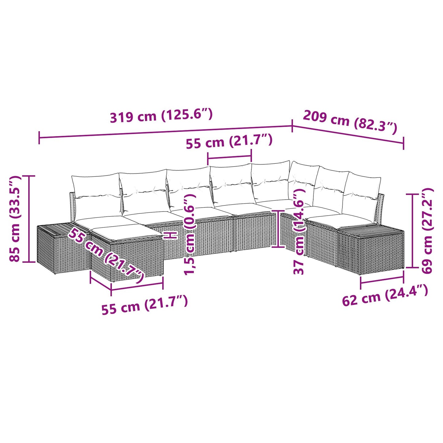 8-Delige Tuinbank Set Met Kussens Zwart Poly Rattan