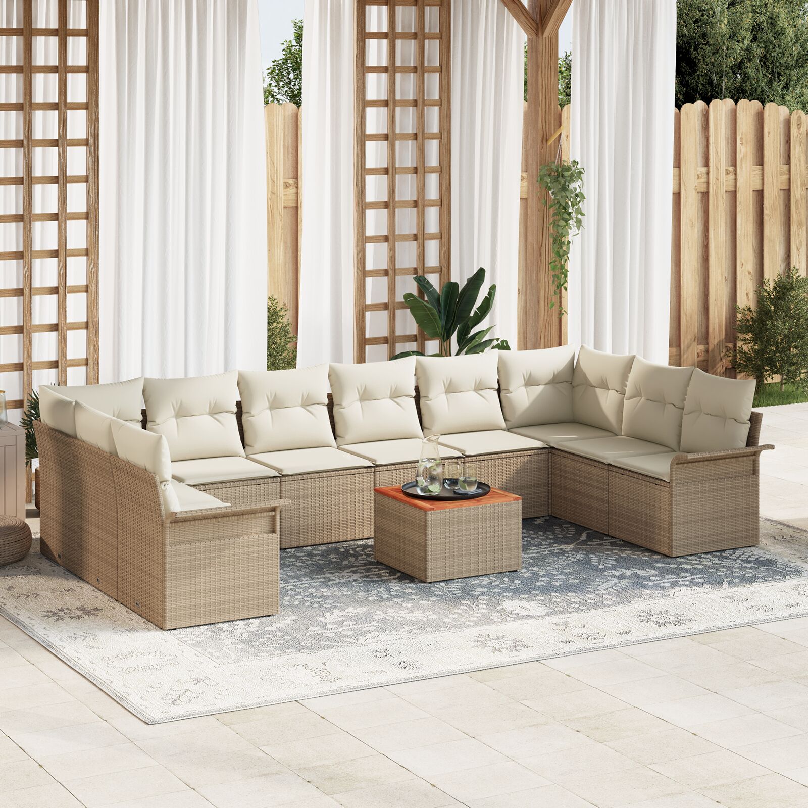 11-Delige Tuin Sofa Set Met Kussens Beige Poly Rattan Acacia