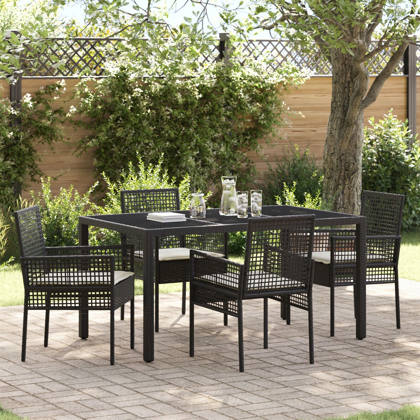 5-Delige Tuinset Met Kussens Zwart Poly Rattan