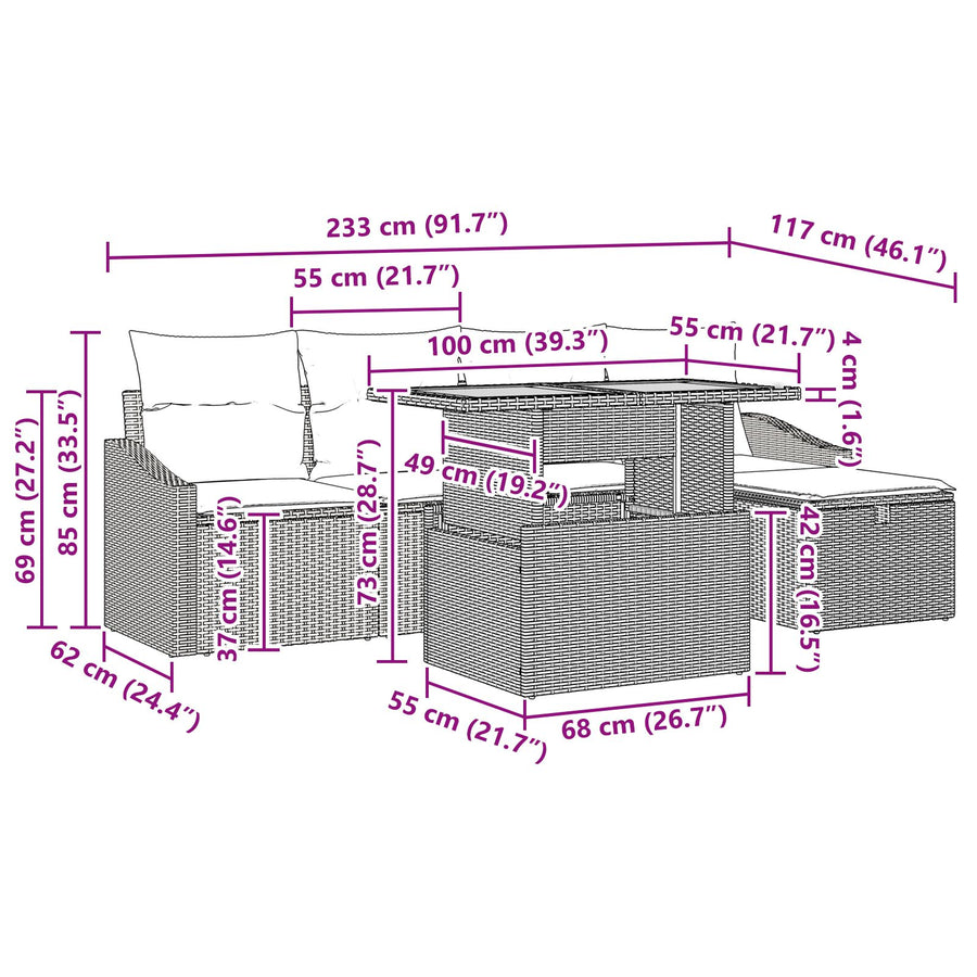 6-Delige Tuinsofa Set Met Kussens Grijs Poly Rattan