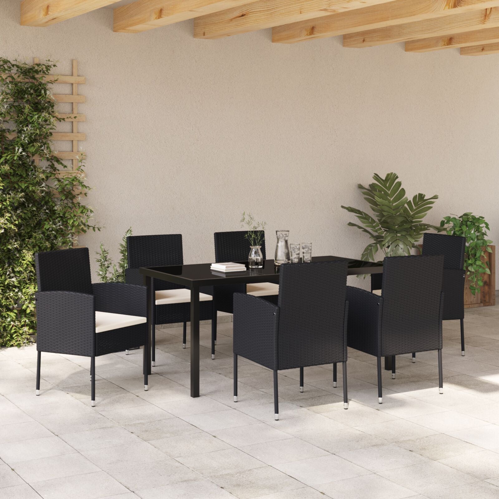 7-Delige Tuin Eettafelset Met Kussens Zwart Poly Rattan