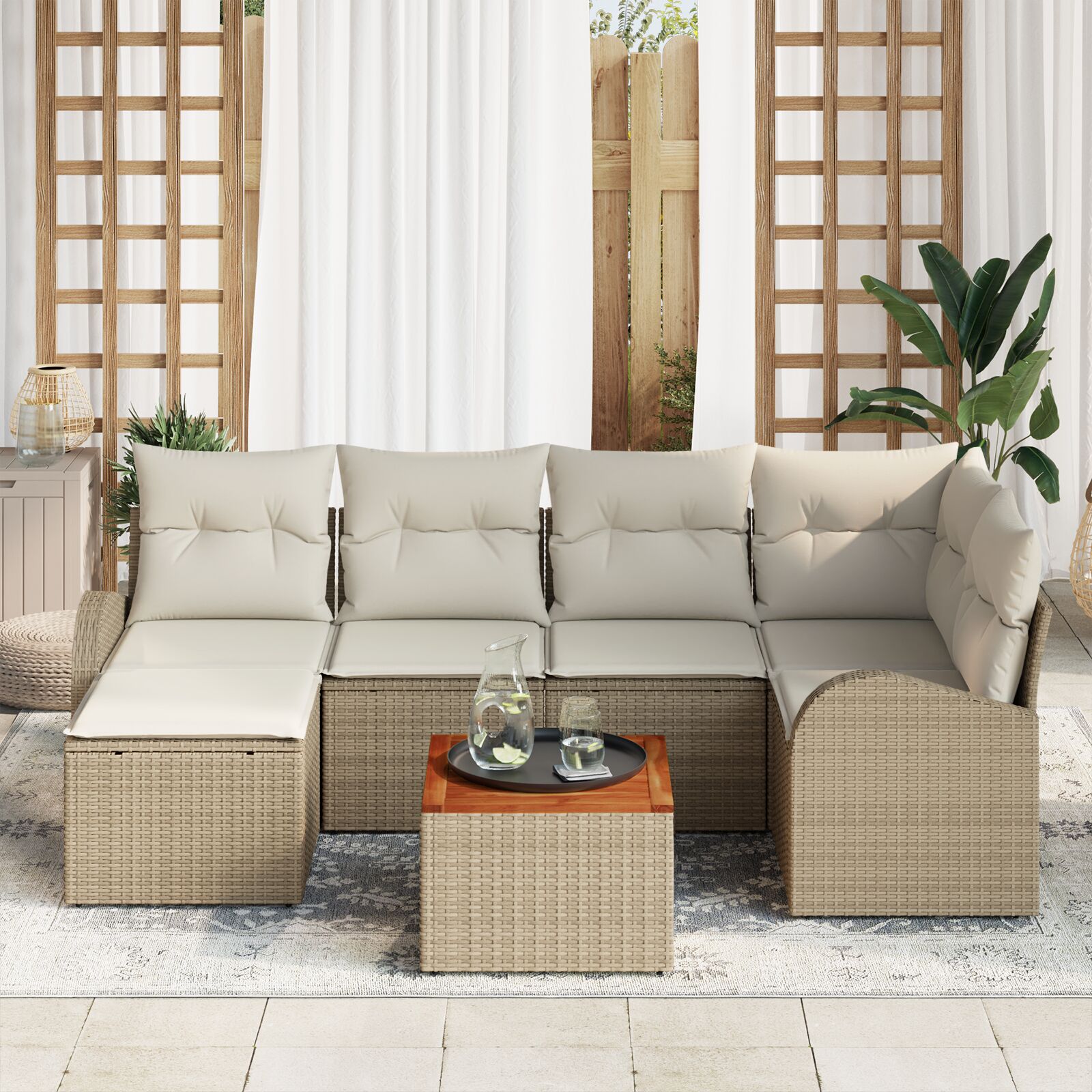 7-Delige Tuinsofa Set Met Kussens Beige Poly Rattan