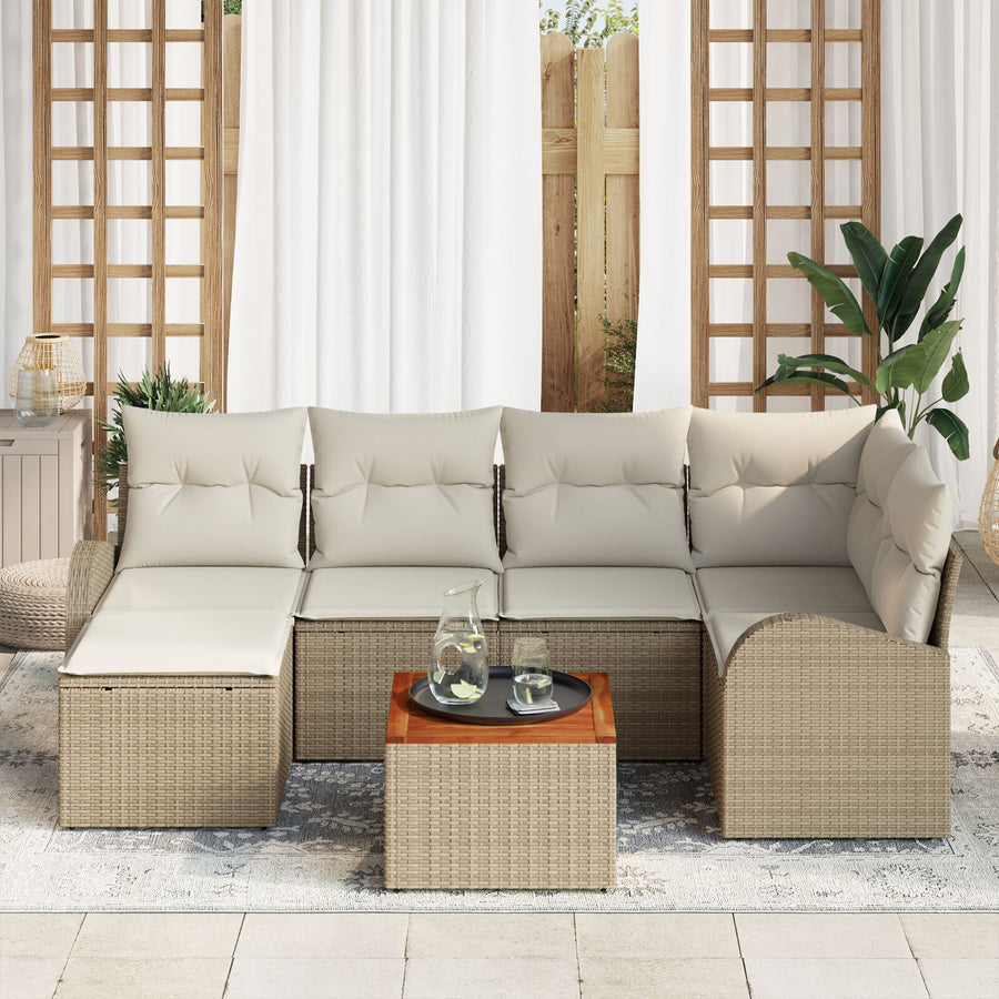 7-Delige Tuinsofa Set Met Kussens Beige Poly Rattan