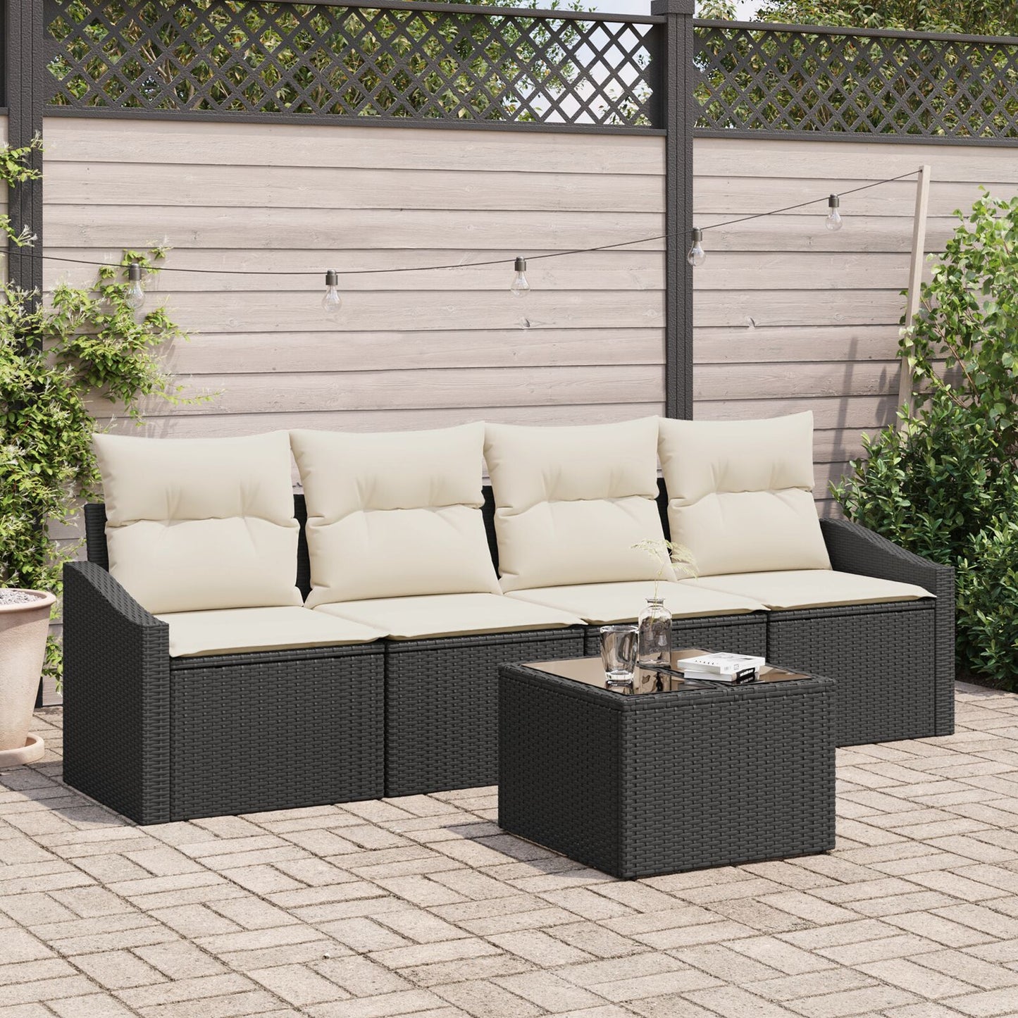 5-Delige Tuin Eetset Met Kussens Zwart Poly Rattan Gegalvaniseerd Staal