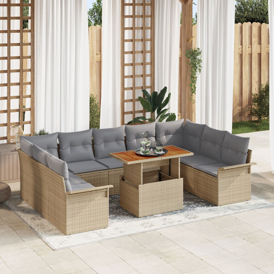10-Delige Tuin Eetset Met Kussens Beige Poly Rattan Acacia