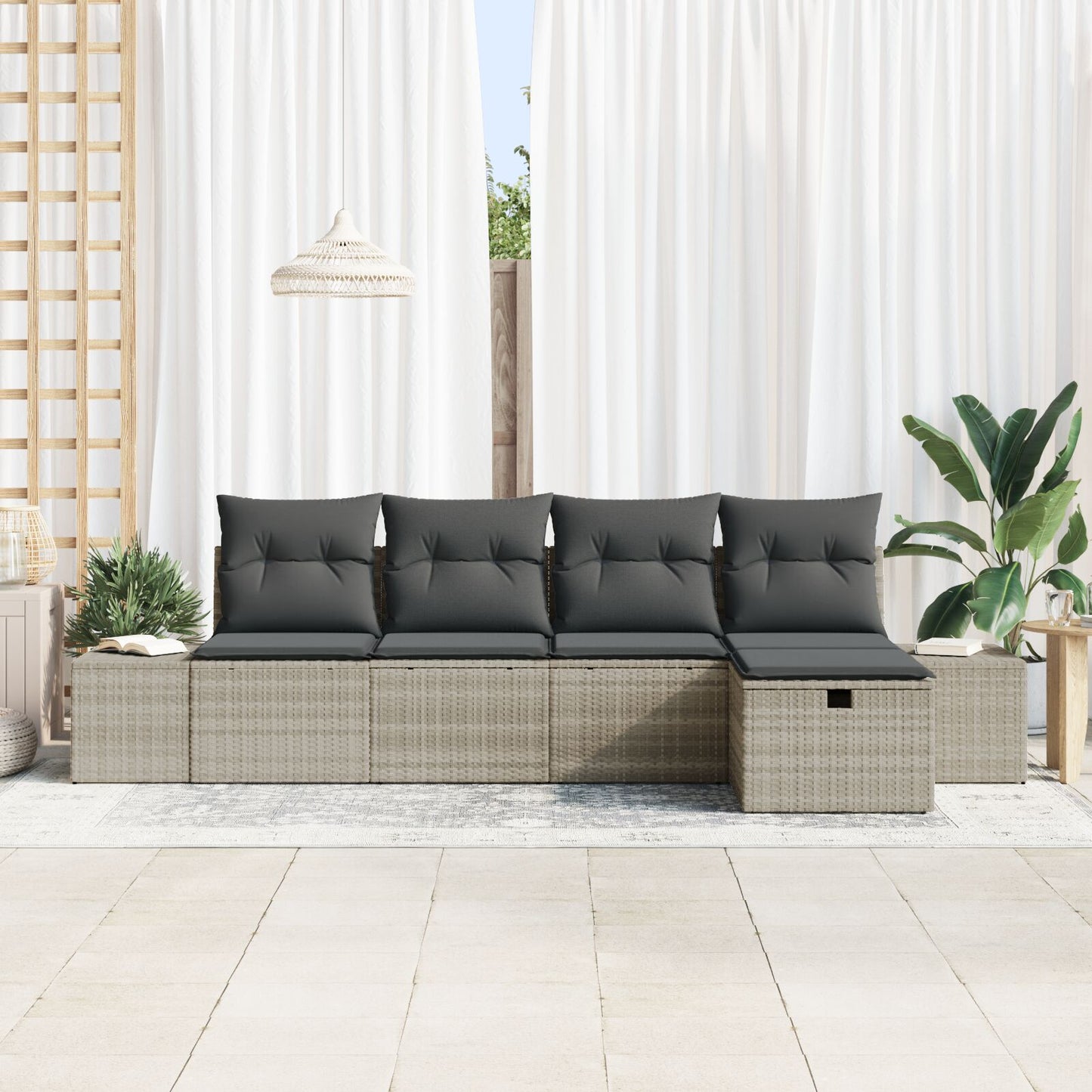 5-Delige Tuin Sofa Set Met Kussens Licht Grijs Poly Rattan Wit