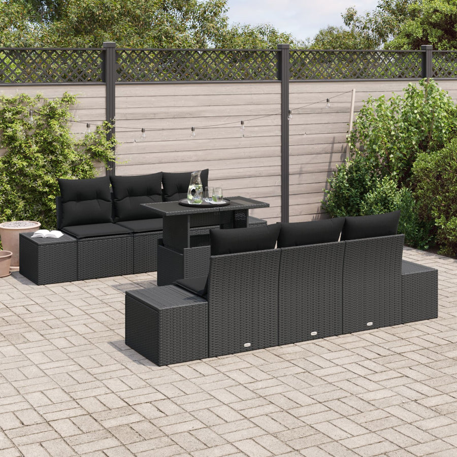 7-Delige Tuin Sofa Set Met Kussens Zwart Poly Rattan