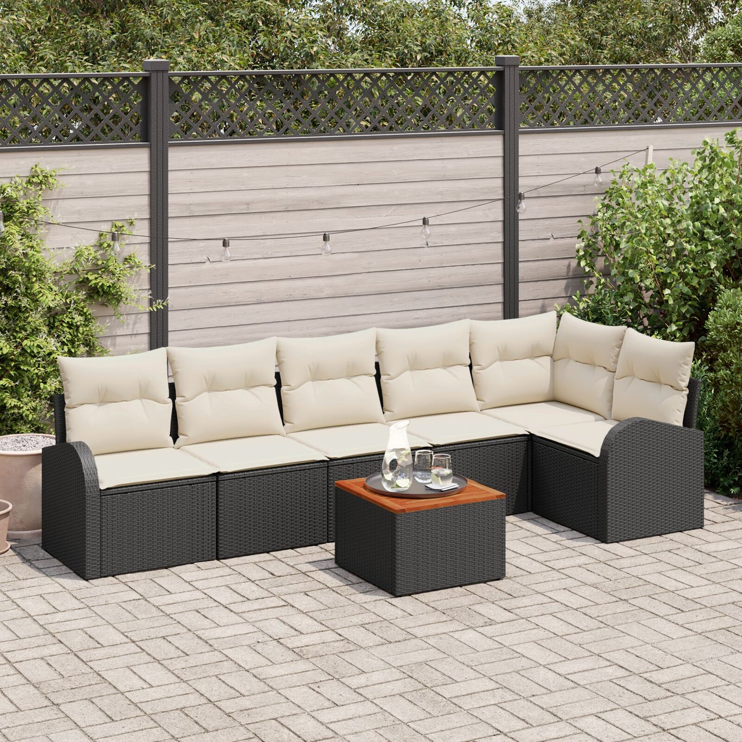 7 Delige Tuin Sofa Set Met Kussens Zwart Poly Rattan Acacia