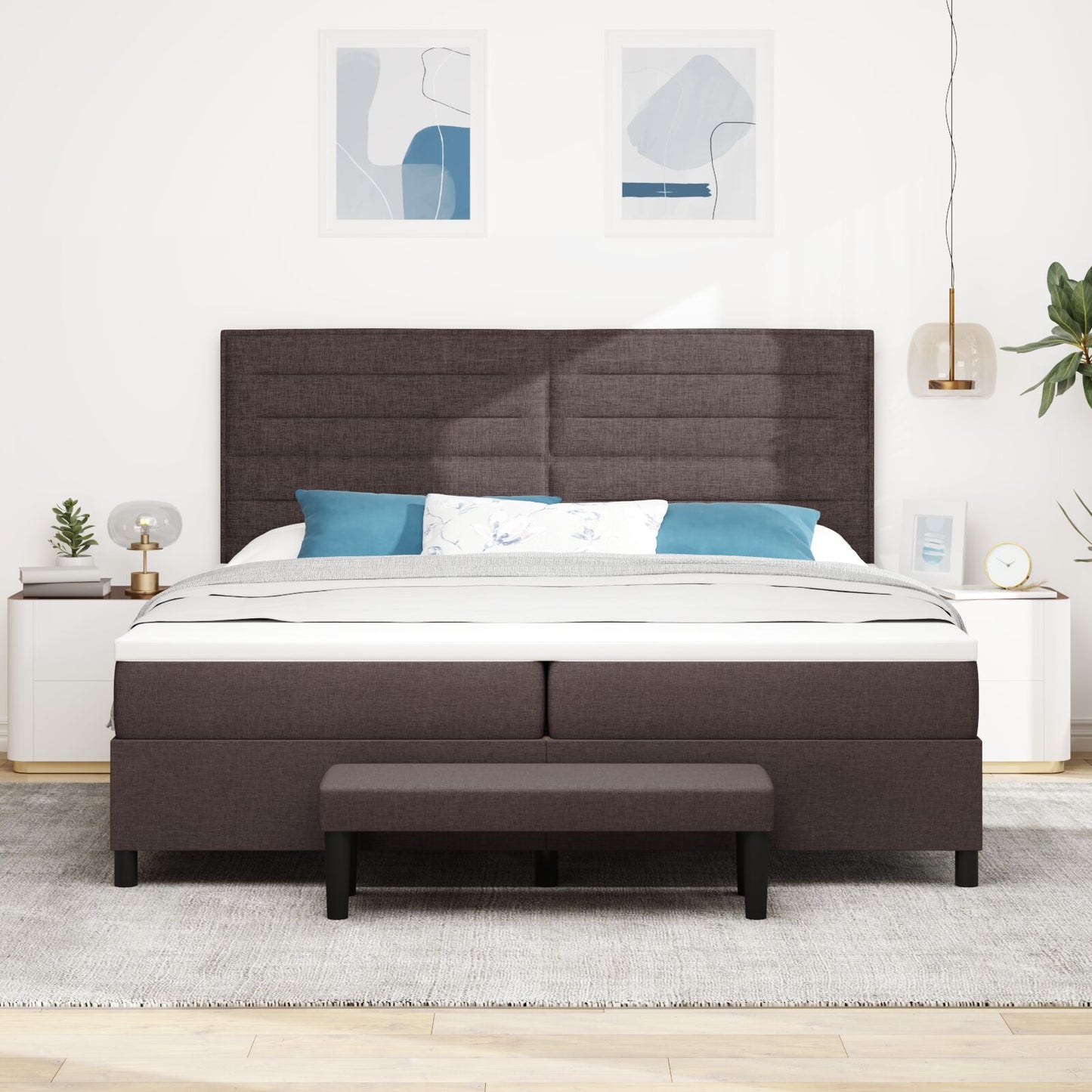 Boxspringbed Met Matras & Bank Stof Donkerbruin 200 x 200 cm Lijnen ontwerp