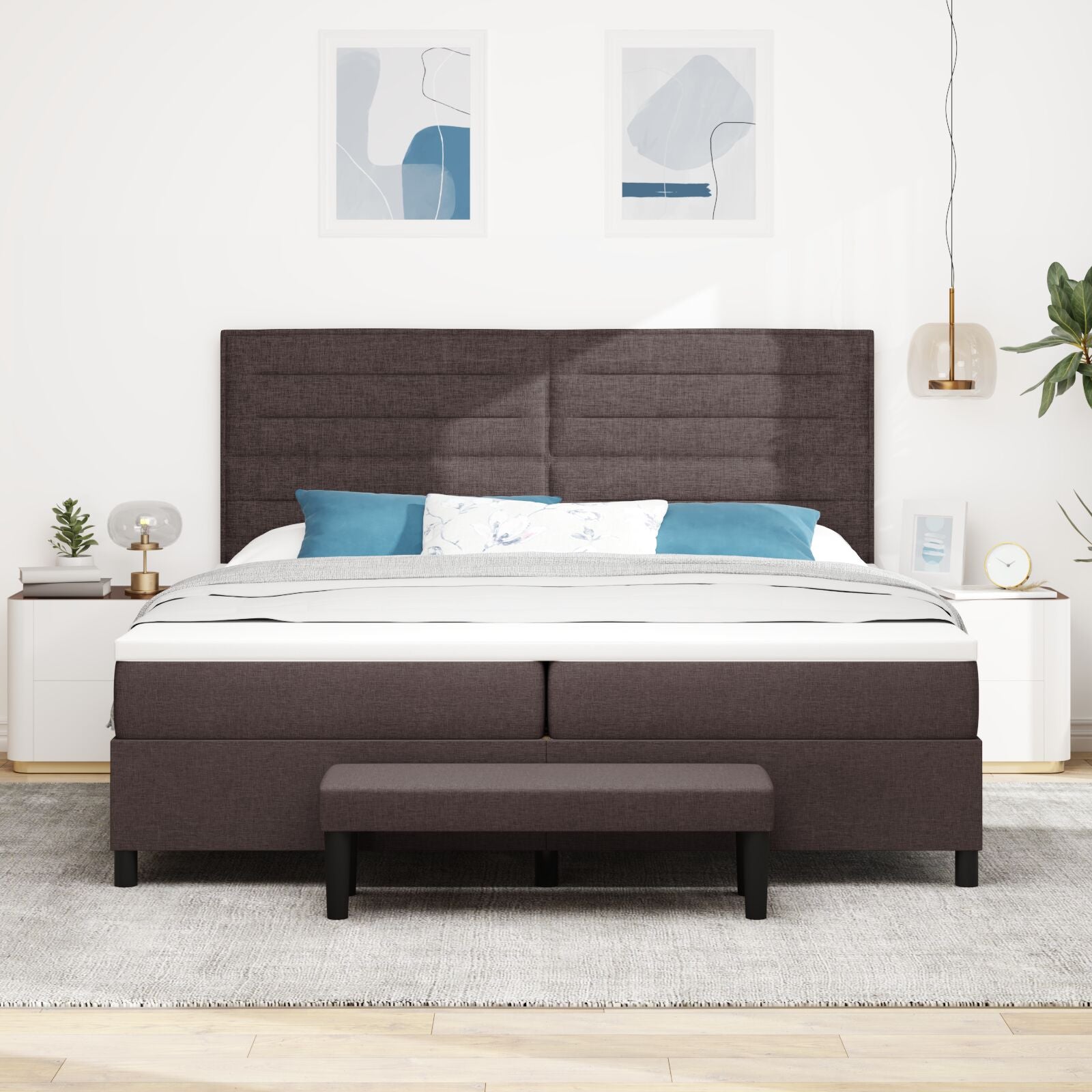 Boxspringbed Met Matras & Bank Stof Donkerbruin 200 x 200 cm Lijnen ontwerp